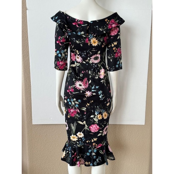 NWT Joe Brown's Women's Dress Black Floral Sz 2 Pencil Off Shoulder Collared - Picture 2 of 9